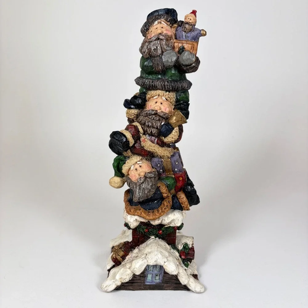 Whimsical Stacked Santas Chimney Christmas Figurine Resin Holiday Decor